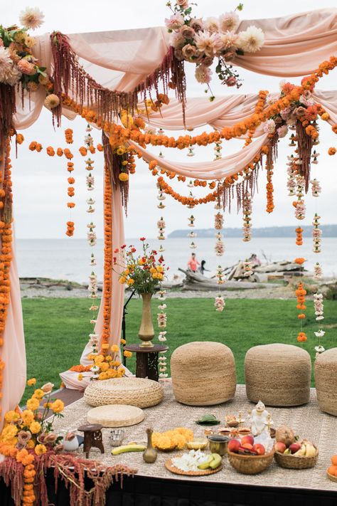 Marigold Mandap Decoration, Backyard Indian Wedding, Mandap Flowers, Maiyan Ceremony, Indian Wedding Florals, Garden Indian Wedding, Mandap Backdrop, Indian Wedding Outside, Colorful Wedding Ceremony Decor