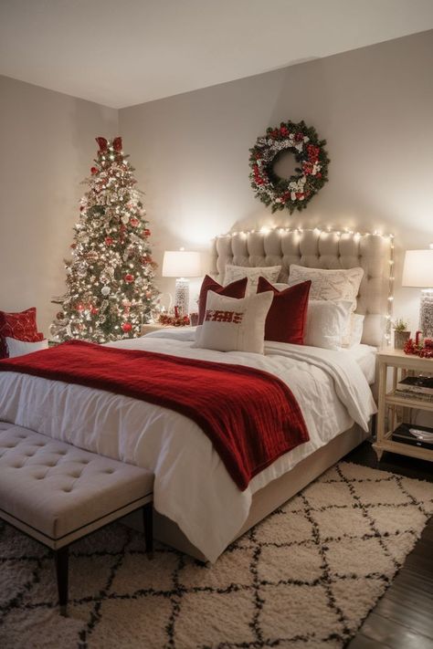 Transform your space with 24 cozy Christmas bedroom decor ideas perfect for the holiday season! From bedroom Xmas decor to unique Christmas bedroom themes, these ideas will bring warmth and cheer. Decorating Bedrooms For Christmas, Cute Christmas Bedroom Ideas, Christmas Bedrooms Cozy, Christmas Decorations For Bedroom, Christmas Room Inspiration, Dark Gothic Tattoo, Christmas Room Ideas, Cozy Christmas Bedroom, Cozy Christmas Home