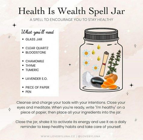 Health Spell Jar For A Loved One, Physical Healing Spell Jar, Good Health Spell Jar, Wealth Spell Jar, Healing Spell Jars Recipes, Spells Jars, Money Spell Jar, Witch Jars, Manifestation Ideas