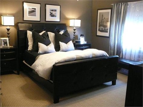 Loving the taupe/grey walls with the charcoal pillows and black and white photos. This is a bedroom that would be very easy the throw together. Masculine Bedroom Design, Holiday Bedroom, Bedroom Contemporary, Masculine Bedroom, Bedroom Minimalist, Black Bedroom Furniture, White Bedroom Furniture, Brown Bedroom, Eclectic Bedroom