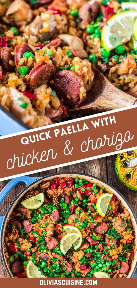 Chicken and Chorizo Paella might sound like a very ambitious project, but once you realize how easy and quick it is, you will be making it over and over again. This easy paella recipe is perfect for a Spanish inspired evening filled with wine, family, and great food! Chicken Chorizo Rice, Mexican Paella Recipe, Chicken And Chorizo Recipes, Paella Recipe Authentic, Chicken And Chorizo Paella Recipe, Easy Paella Recipe, Paella With Chicken, Chicken And Chorizo Paella, Chorizo Paella