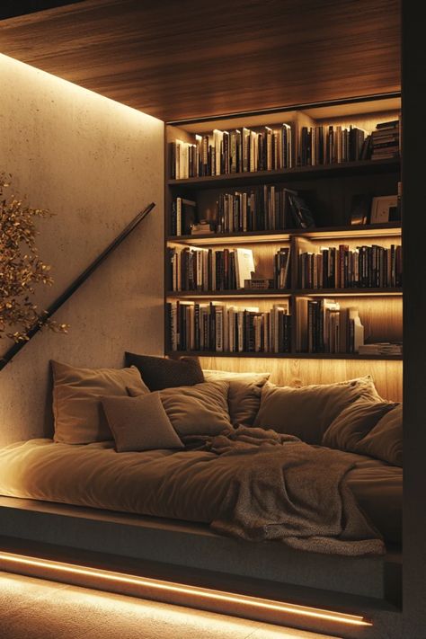 A cozy sunken reading nook featuring built-in shelves, designed for book lovers to enjoy peaceful reading time. This pin showcases a stylish approach to interior design for inviting personalized reading spaces. Bedroom Nook Decor, Reading Nook Guest Bed, Elevated Reading Nook, Book Room In House, Small At Home Library, Closet Turned Reading Nook, Bed In Wall Nook, Small Corner Library, Cozy Book Bedrooms