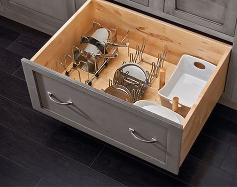 Drawer Accessories Info Pot And Pan Drawer, Deep Kitchen Drawer Organization, Pot And Pan Organizer, Pan Drawer, Pan Organizer, Silverware Drawer Organizer, Kitchen Tools Organization, Peg Boards, Cookware Storage