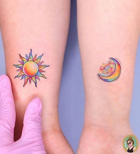 Bestie Tattoos: 25 Unique Ideas to Celebrate Friendship Sun And Moon Tattoos, Maching Tattoos, Moon Sun Tattoo, Celestial Tattoo, Sun And Moon Tattoo, Sun Tattoo Designs, Tattoos Infinity, Bestie Tattoo, Rainbow Tattoos