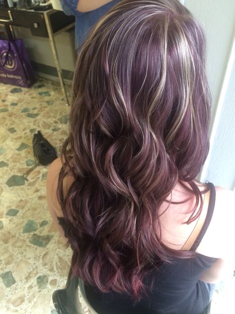 Violet red hair, with tiny blonde highlights. Fall hair, Paul Mitchell color and bleach. Tiny Blonde Highlights, Blonde Highlights Fall, Violet Red Hair, Purple Blonde Hair, Paul Mitchell Color, Red Hair With Blonde Highlights, Dark Purple Hair, Plum Hair, Cherry Hair