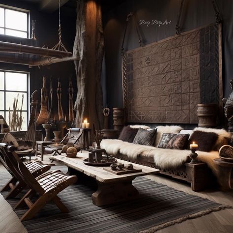 Viking Home Decor Interior Design, Viking Living Room, Viking House Interiors, Viking Decor Interior Design, Viking Room, Viking Longhouse, Viking Home Decor, Castle Black, Antique Oak Furniture