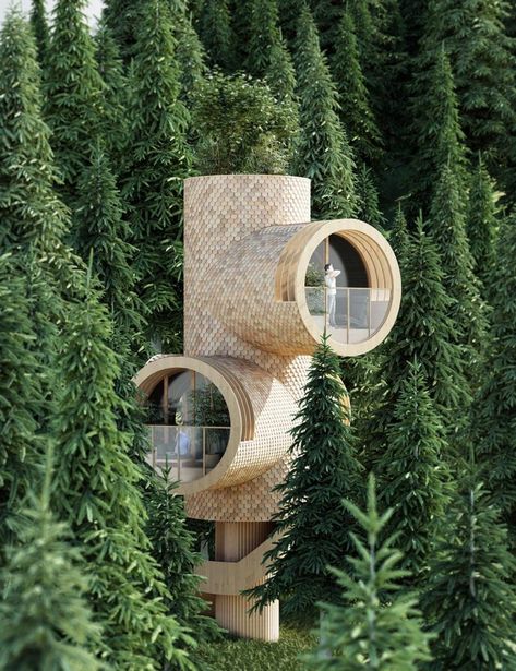 Unusual House, Architecture Cool, Observation Tower, Organic House, Tree House Designs, Traditional Building, Modular Building, Building Systems, Tree Houses