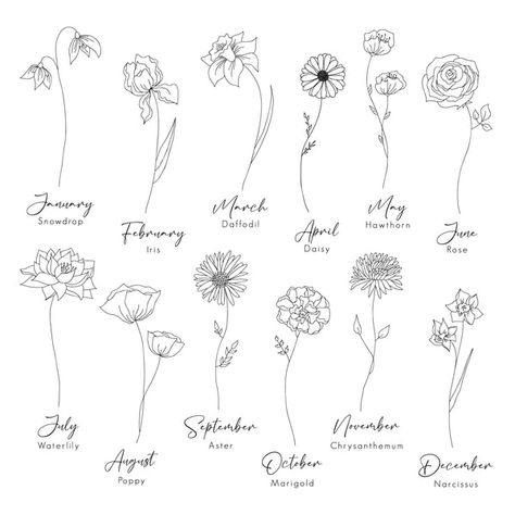 Birth Flower Art, October Birth Flowers, September Birth Flower, July Birth Flower, November Birth Flower, Flower Chart, Grandma's Garden, Meaningful Tattoo, 4 Tattoo