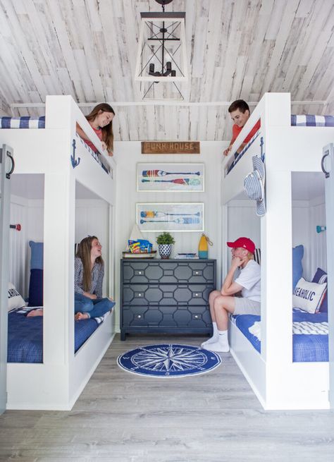 How We Turned a simple Backyard Shed into a Dream Bunkhouse. #bunkhouse #shedideas #bunkbeds #bunkbedideas #farmhousestyle #sheshed Bunkie Ideas, Painted Shed, Reclaimed Wood Paneling, Shed Interior, Custom Sheds, House Shed, Cape House, Backyard Sheds, Backyard Shed