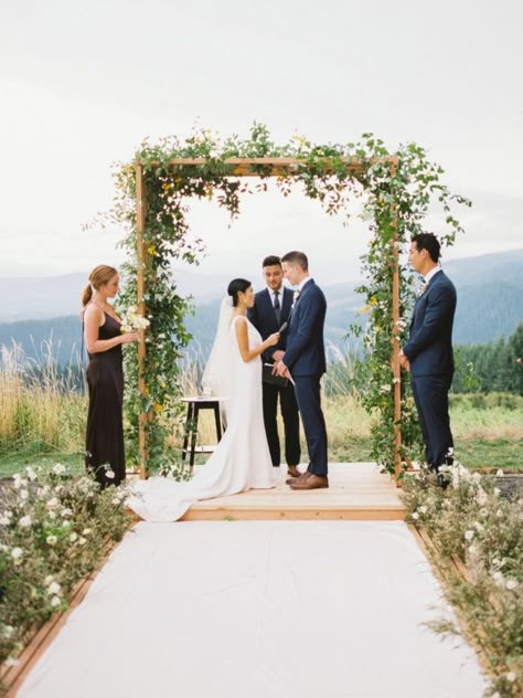 Bessie & Adam | HART Floral Vineyard Wedding Ceremony Arch, Wooden Wedding Arch With Greenery, Wedding Alter Stage, Wedding Platform Decorations, Outdoor Wedding Stage Ideas, Simple Greenery Wedding Arch, Wedding Platform Stage, Wedding Ceremony Platform, Chuppah With Greenery