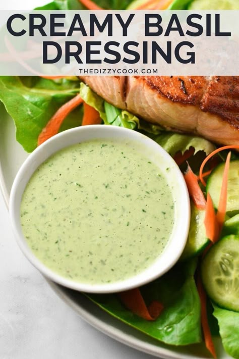 This creamy basil dressing pairs perfectly with almost any salad and is Whole30 and paleo friendly as well. I especially love it with grilled salmon for the perfect light salad. #BasilRecipes #SaladDressing #CreamyDressing Basil Salad Dressing, Creamy Basil Dressing, Dressing Diy, Healthy Dressing Recipes, Basil Salad, Chicken Poppers, Grilled Fish Recipes, Salad Dressing Recipes Healthy, Pesto Dressing