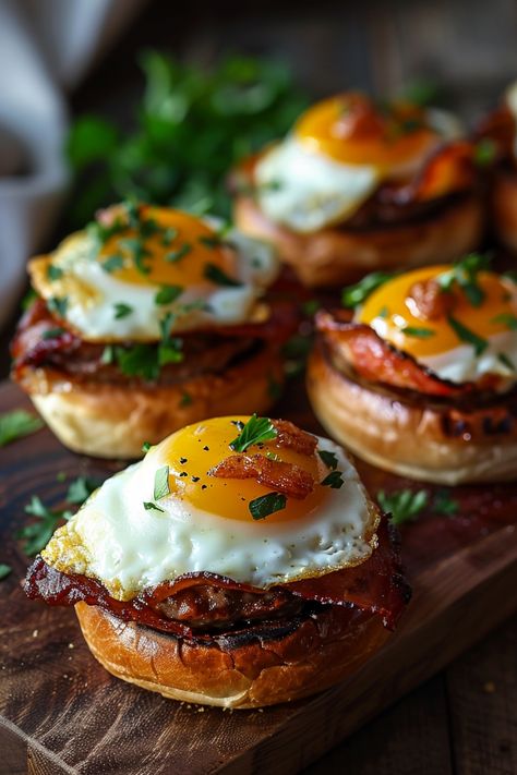 Breakfast sandwiches topped with sunny-side-up eggs, crispy bacon, and fresh parsley. Food Innovation Ideas, Classic Breakfast Recipes, Egg And Bacon, Poolside Brunch, Crossiant Breakfast Sandwich, Gourmet Sliders, Grab N Go Breakfast Ideas, Breakfast For Teens, Breakfast Plating