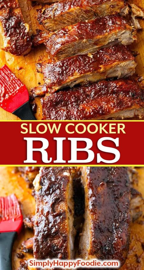 Slow Cooker Ribs are fall off the bone tender, and have amazing flavor. These crock pot ribs are super easy to make, and will quickly become a family favorite! simplyhappyfoodie.com Crock Pot Barbecue, Ribs Crock Pot, Crockpot Bbq Ribs, Crock Pot Ribs, Slow Cooker Barbecue Ribs, Slow Cooker Ribs Recipe, Ribs Easy, Slow Cooker Bbq Ribs, Crockpot Ribs