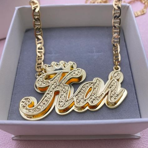 Custom 3D Name Necklace with Crown Personalized Double Layer Pendant Flat Chain Stainless Steel Name Plate Design Jewelry, Custom Gold Jewelry, Cubs Tattoo, 3d Name, Gold Initial Ring, Minnie Mouse Earrings, Infinity Earrings, Quince Ideas, Engagement Earrings