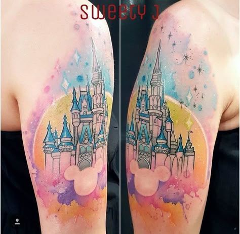 Disney Cinderella’s castle bright pastel tattoo Disney Arm Sleeve Tattoos For Women, Disney Leg Sleeve Tattoo, Watercolor Disney Tattoo, Cinderella Castle Tattoo, Disney Tattoo Sleeve, Tattoo Sleeve Disney, Disney Tattoo Sleeves For Women, Mums Tattoo, Disney Watercolor Tattoo