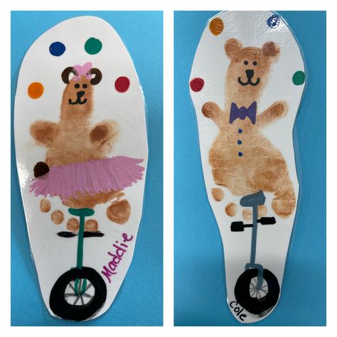 Footprint bear 🎪🧸 Circus Infant Activities, Circus Theme Infant Art, Infant Circus Crafts, Circus Theme Crafts For Infants, Circus Activities For Infants, Circus Footprint Art, Toddler Circus Crafts, Circus Handprint Art, Circus Art For Infants