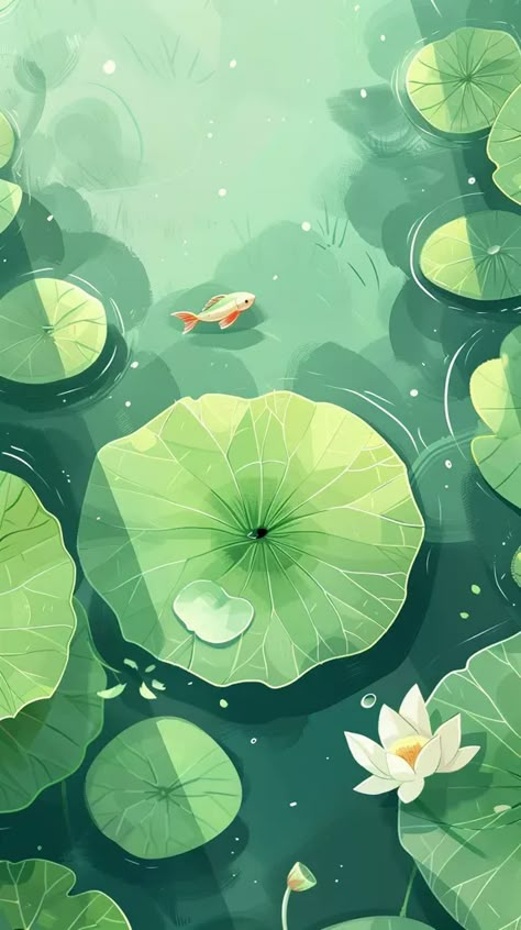 The image is a cartoon illustration of a pond with lily pads and a fish. The pond is a light green color, and the lily pads are a darker green color ->> more details in ai-img-gen.com Lily Pad Digital Art, Lily Pond Illustration, Lilly Pad Drawings, Lillypads Drawing, White Cartoon Wallpaper, Lily Pad Illustration, Lily Pad Wallpaper, Lily Pads Wallpaper, Pond Cartoon