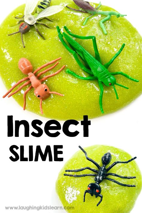 Bug slime is green annd has plastic bugs added Play Dough Insects, Build A Bug Activity, Bug Related Activities, Build A Bug Playdough, Educational Bug Activities, Sensory Activities For Preschoolers, Playing With Slime, Bug Activities, Slime For Kids