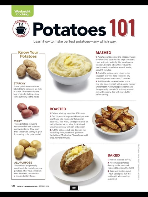 Russet Potato Nutrition Facts, Potato Infographic, Different Ways To Cook Potatoes, Extra Potatoes, Potato Diet, Types Of Potatoes, Cooking 101, Food Charts, Food Network Magazine