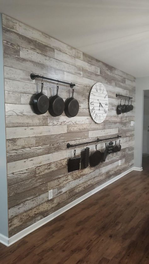 Wood Plank Kitchen Wall, Farmhouse Kitchen Accent Wall, Shiplap Wall Kitchen, Shiplap Kitchen Wall, Barnwood And Metal Walls, White Barnwood Wall, Reclaimed Wood Wall Living Room Lowe's, Farmhouse Kitchen Diy, Blue Kitchen Walls