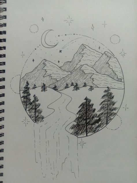 Scenery In A Circle Drawing, Calm Drawing Ideas Easy, Wilderness Drawings Easy, Nature Drawing Aesthetic, Easy Nature Sketches, Simple Forest Drawing, Mountain Scenery Drawing, Panorama Drawing, Forest Drawing Easy