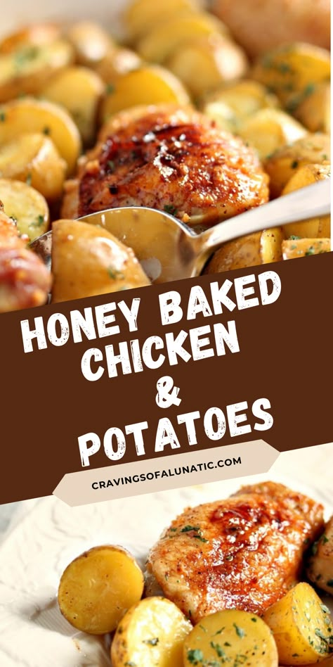 Honey Baked Chicken and Potatoes Honey Glazed Chicken And Potatoes, Honey Garlic Chicken And Potatoes, Honey Baked Chicken Recipes, Baked Meats, Baked Chicken And Potatoes, Honey Chicken Breast, Gold Potato Recipes, Cooked Chicken Temperature, Honey Baked Chicken