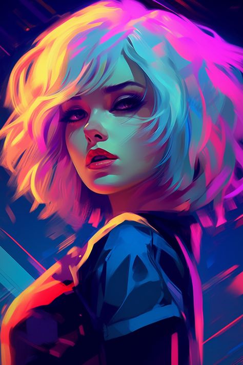 Neon Portrait Painting, Retro Cyberpunk Aesthetic, Escher Gang, Cyberpunk Painting, Synthwave Anime, Cyberpunk Girl Art, Cyberpunk Portrait, Female Swordsman, Synthwave Neon