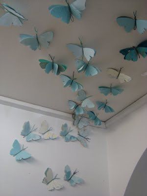 Butterfly Hanging Diy, Butterflies Hanging From Ceiling Bedroom, Diy Blue Room Decor, Ceiling Decor Bedroom Diy, Paper Butterflies Diy Wall Decor, Butterfly Ceiling Decor, Walls In Bedroom, Hanging Decorations Diy, Stuff For Room