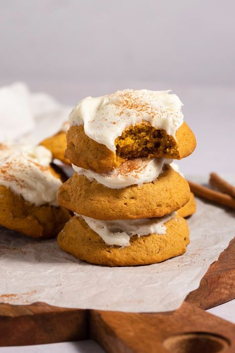 Soft Pumpkin Cookies with Cream Cheese Frosting - Insanely Good Pumpkin Cookies With Fresh Pumpkin, Pumpkin Cookies Cream Cheese Frosting, Pumpkin Soft Cookies, Desserts With Cream Cheese Frosting, Pumpkin Cookies With Icing, Pumpkin Cookies With Cream Cheese Icing, Cookie Recipes Pumpkin, Cookie With Cream Cheese Frosting, Pumpkin Cake Cookies