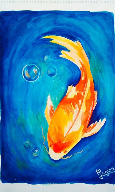 Gold Fish Drawing, Gold Fish Art, Abstract Fish Painting, Gold Fish Painting, Goldfish Painting, Fish Paintings, Contrast Art, Painting Fish, Soft Pastels Drawing