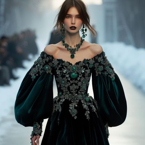 Emrald Gown In Snow With Emerald Jewelleries | Follow @disrizzpectful on Instagram for more designs #emerald #green #gemstones #jewellery #gown #snow #fashionart #aifashion #conceptart #conceptfashion #emeraldgowns #darkgreen #snowprincess #fantasygown #fantasy Emerald Green And Silver Dress, Fancy Emerald Green Dress, Emerald Green Fantasy Dress, Dark Green Fantasy Dress, Green Fantasy Gown, Green Fantasy Dress, Emerald Clothing, Fairy Ball Gown, Emerald Gown