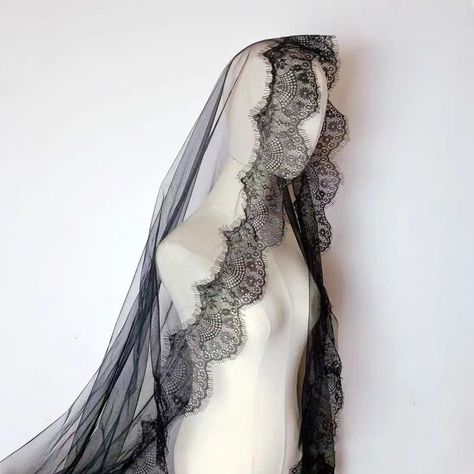 Luxurious Gothic Black Lace Veil with Elaborate Embroidery - WonderlandByLilian Goth Veil Outfit, Black Wedding Viel, Goth Veil, Eyelash Lace Veil, Gothic Veil, Black Lace Robe, Black Lace Veil, Black Wedding Veil, Gothic Era