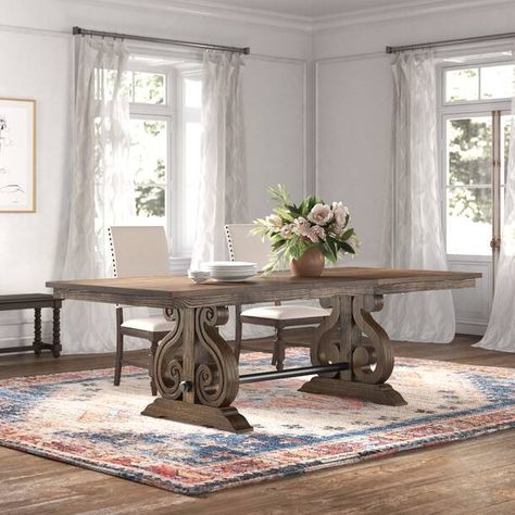 One Allium Way® Annora Extendable Dining Table & Reviews | Wayfair Extendable Dining Table Wood, Country Dining Tables, Solid Oak Dining Table, Dining Table Wood, French Country Dining, Kelly Clarkson Home, Dark Metal, Trestle Dining Tables, Wayfair Furniture