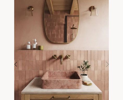 Bathroom Home Decor, Pony Wall Bathroom, Terracotta Bathroom Walls, Terracotta Tiles Bathroom, Terracotta Bathroom, Natural Stone Sink, Interior Decoration Ideas, Bathroom Gold, Cheap Bathroom