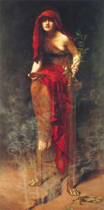 Priestess of Delphi by John Collier, showing the Pythia sitting on a tripod with vapor rising from a crack in the earth beneath her (1891) Art Gallery South Australia (Public Domain) Priestess Of Delphi, Romani Aesthetic, Ritual Clothing, John Collier, Npc Art, Witch Apothecary, Oracle Of Delphi, Frank Dicksee, Pre Raphaelite Paintings