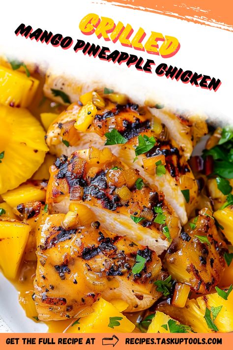 Discover the perfect blend of tropical flavors with this Grilled Mango Pineapple Chicken recipe. Juicy chicken marinated in a sweet and tangy mango-pineapple sauce is grilled to perfection, creating a dish that's both refreshing and satisfying. Ideal for summer cookouts or weeknight dinners, this recipe is easy to follow and brings a taste of the tropics to your table. Elevate your grilling game and impress your guests with this vibrant and delicious meal. Perfect for serving alongside rice or a fresh salad Mango Chicken Recipes, Pineapple Chicken Recipe, Grilled Mango, Grilled Bell Peppers, Pineapple Chicken Recipes, Pineapple Sauce, Mango Chicken, Marinating Chicken Breast, Mango Pineapple