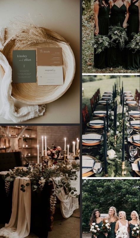 Sage Green Black And Brown Wedding, Olive Green Vintage Wedding, Black Sage Champagne Wedding, Black Brown Wedding Color Schemes, Green Gray Black Color Scheme, Brown And Greenery Wedding, Eucalyptus And Tan Wedding, Olive Champagne Black Wedding, Hunter Green And Beige Wedding