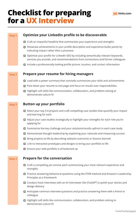 Checklist for preparing for a UX Interview – UX Hints Ux Interview, Interview Prep, Tech Job, Ux Designer, Design Jobs, Interview Questions, Job Interview, Job Search, Ux Design