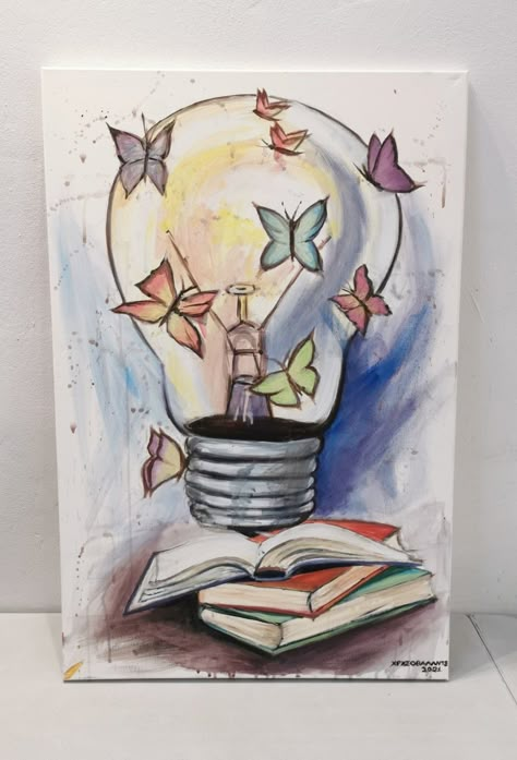 Art Book Painting Ideas, Still Life Painting Books, Painting Ideas On Canvas Books, Bookshelf Painting Ideas Canvas, Teacher Watercolor Art, Book Paintings On Canvas, Canvas Painting For Teachers, Painting Ideas For Teachers, Drawing Book Cover Ideas