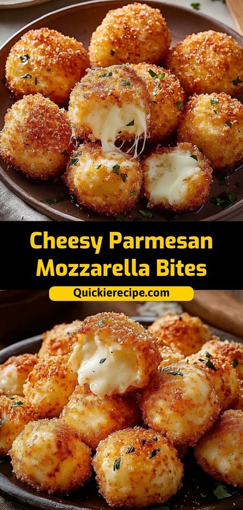 Golden, gooey, and packed with cheese, these Cheesy Parmesan Mozzarella Bites are an irresistible snack or appetizer. With melty mozzarella inside and a crispy, Parmesan-coated crust, they’re easy to love. Ingredients: 1 cup mozzarella cheese, cubed 1/2 cup Parmesan cheese 1/2 cup breadcrumbs 1 egg A cheesy, crispy bite-sized treat everyone will crave" Mozzarella Bites, Mozzarella Recipes, Crispy Cheese, Game Day Snacks, Cheese Bites, Cheesy Recipes, Easy Baking Recipes Desserts, Finger Food Appetizers, Perfect Appetizers