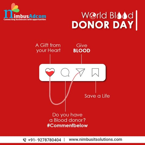 Blood donation is a noble act. Today on #WorldBloodDonorDay, let’s understand the importance of blood donation, create awareness and encourage more people to do it to save a life. #blooddonation #blooddonor #NimbusAdcom #blood #blooddonate #savelife #BloodDonorDay #blooddonationday2021 Donation Instagram Post, World Blood Donor Day Creative Ads, World Heart Day Creative Ads, Blood Donation Poster Creative, Donation Poster Design, Blood Donation Poster, Blood Donation Posters, Blood Donation Day, Organizational Chart Design