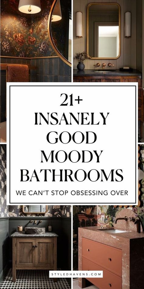 Searching for the best moody bathroom inspo? It's no secret moody bathrooms are trending for 2025 - the deep, jewel tones and rich character are all over the world of modern bathroom design. If you love a good dark moody bathroom style, these hand-picked bathrooms are for you - including ideas for bathroom decor! (Save to your bathroom interior design board for later!) Dark Moody Bathroom, Dark Academia Bathroom, Moody Bathrooms, Moody Bathroom Ideas, Small Dark Bathroom, Powder Bathroom Ideas, Half Bath Design, Modern Powder Room, Moody Bathroom