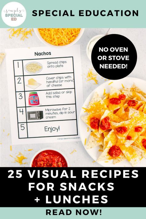 25 Visual Recipes for snacks and lunches-read now! Life Skills Recipes, Classroom Cooking Ideas, Visual Recipes For Kids, Preschool Recipes, Classroom Cooking, Recipes For Snacks, Cooking Theme, Cooking In The Classroom, Cooking For A Group