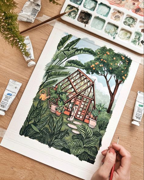 Greenhouse with houseplants gouache illustration Landscape Design Drawings, Gouache Paints, Learn Watercolor Painting, Gouache Illustrations, Learn Watercolor, Architecture Drawing Art, Gouache Art, Green House, Watercolor Inspiration