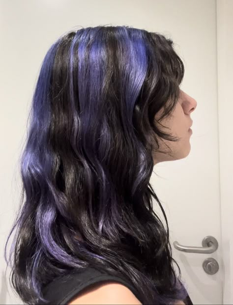 Skunk Streak Hair Purple, Black Hair With Purple Chunky Highlights, Hair Dye Ideas For Wavy Hair, Chunky Purple Highlights For Brown Hair, Purple Racoon Tail Hair, Purple Chunky Highlights Brown Hair, Skunk Hair Purple, Purple Strip In Hair, Skunk Hair Wavy