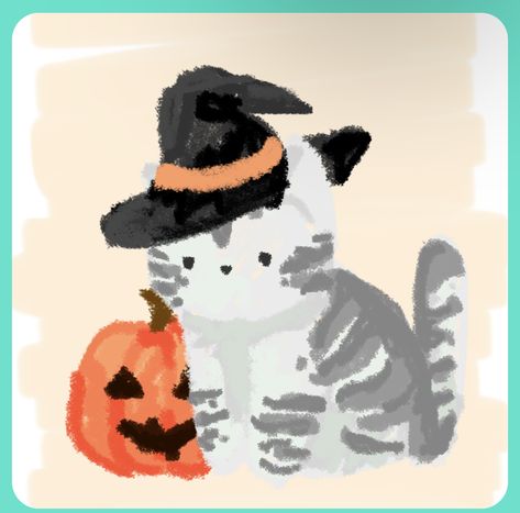 Halloween Cat Doodle, Brown Cat Icon, Halloween Doodle Ideas, Pumpkin Cat Drawing, Halloween Oil Pastel Art, Witch Doodles, Happy Halloween Cute, Cat Drawing Cute, September Drawings