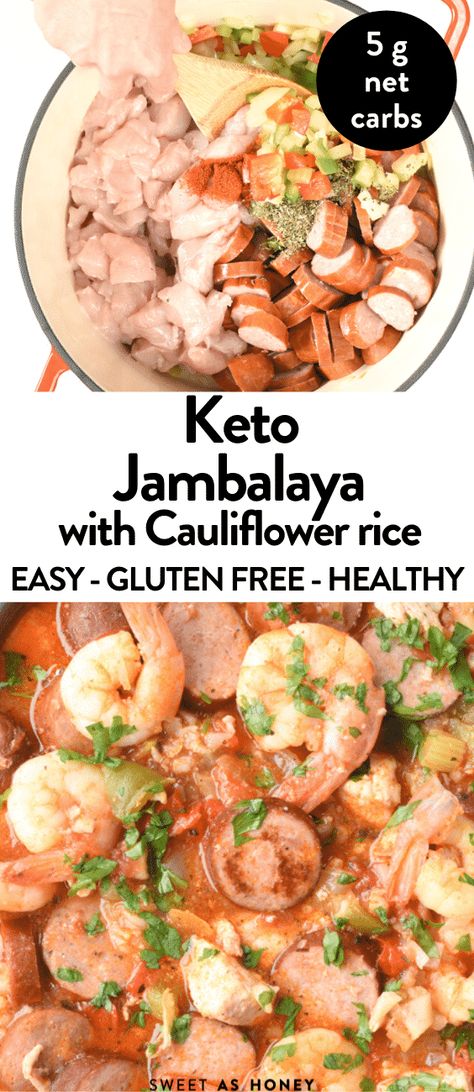 Keto Jambalaya with Cauliflower Rice an Easy 1-ot recipe in the cast iron Dutch oven pot with Cajun seasoning, chicken, shrimp and andouille sausage or chorizo! Keto Jambalaya, Healthy Jambalaya, Cajun Spices, Cauliflower Rice Easy, Recipes List, Jambalaya Recipe, Dish Ideas, Low Carb Pasta, Vegetarian Keto