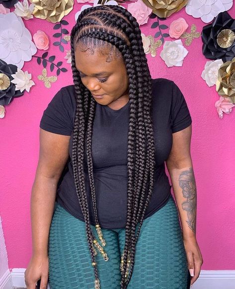 Jumbo Feed In Braids Cornrows, Large Feed In Braids Cornrows, Two Braids Outfit, Braids Outfit Summer, Large Feed In Braids, Large Cornrows, Braids Outfit, Big Cornrows Hairstyles, Big Cornrows