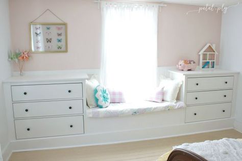 IKEA dresser hack built-in window seat Petal and Ply Bedroom Window Seat, Ikea Dresser Hack, Dresser Hack, Ikea Rast Hack, Built In Window Seat, Koti Diy, Ikea Dresser, Ikea Bedroom, Ikea Hemnes