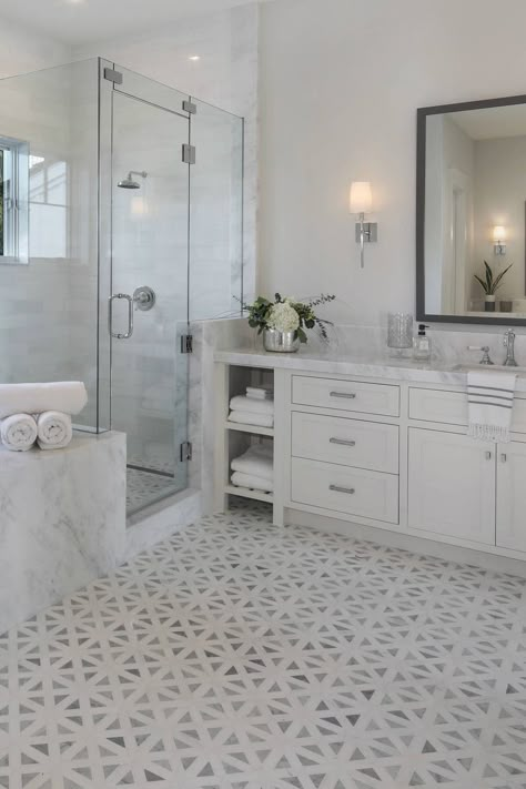 White Vanity Gray Floor, Classic White Bathroom Master Bath, Carrera Bathroom Ideas, White And Gray Bathroom Ideas Master Bath, Grey Marble Bathroom Countertops, Master Bath Pattern Tile Floor, Gray And White Master Bath, Gray Marble Shower Tile, Beautiful Bathroom Floors